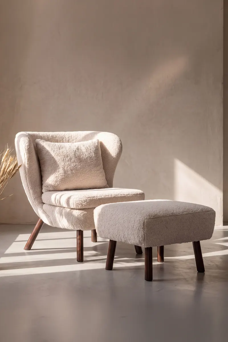 Ryxö Lesesessel mit Fußhocker in Weiß, Gestell Braun, Polyester-Bouclé, im Wohnraum, Ansicht 1