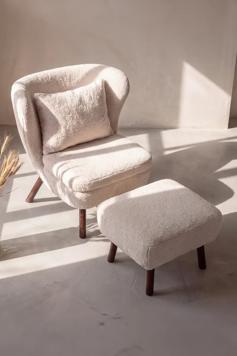 Ryxö Lesesessel mit Fußhocker in Weiß, Gestell Braun, Polyester-Bouclé, im Wohnraum, Ansicht 2