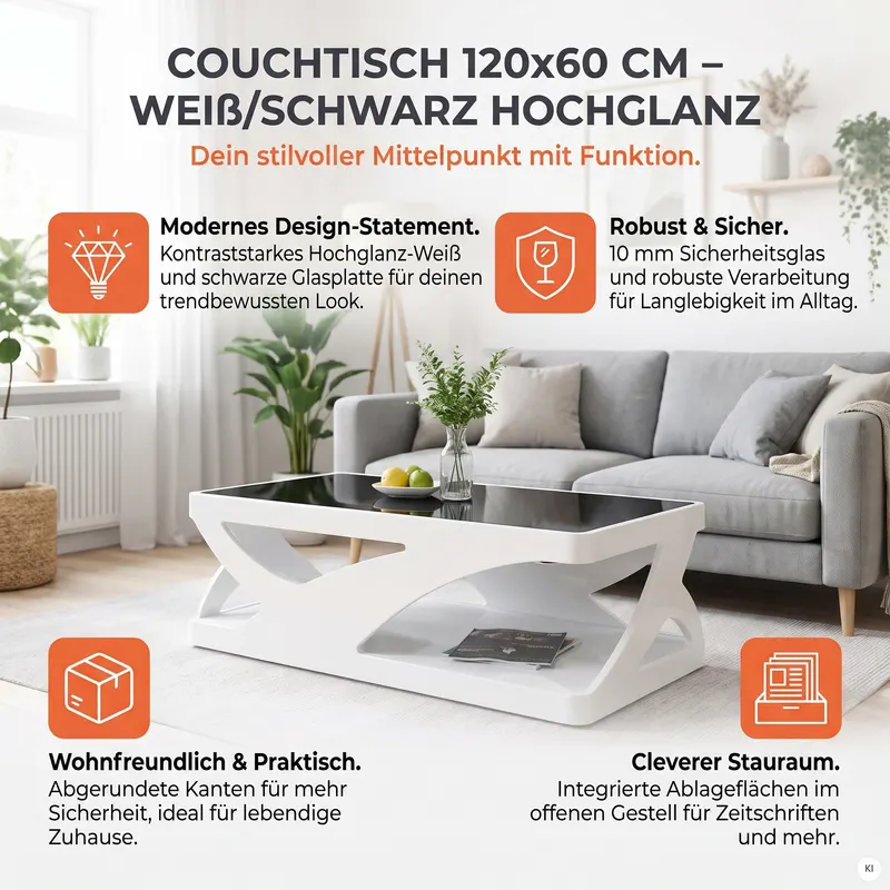 Couchtisch 120 × 60 cm, weiß/schwarz, Ansicht 5
