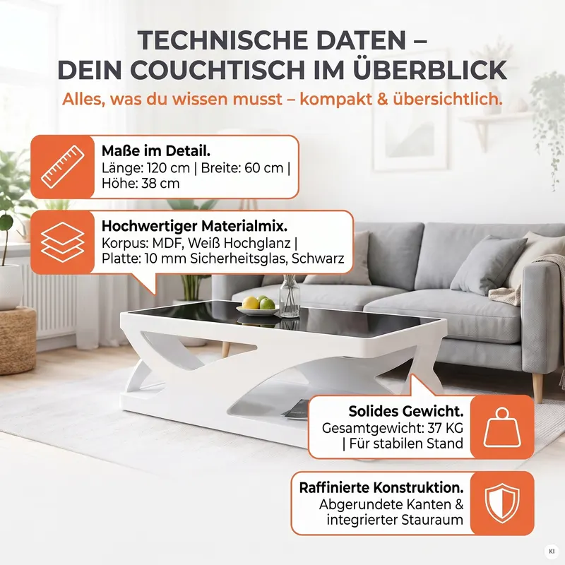 Couchtisch 120 × 60 cm, weiß/schwarz, Ansicht 6