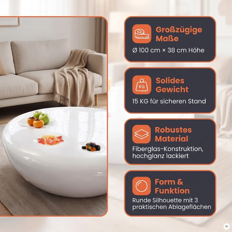 Runder Couchtisch Ø 100 cm aus weißem Fiberglas, Ansicht 10