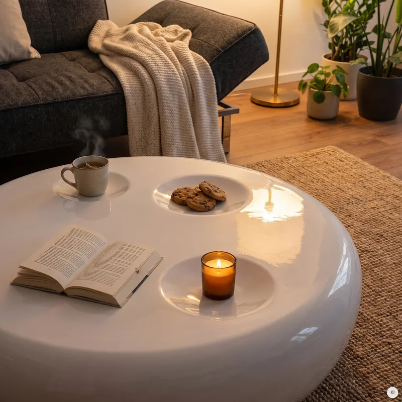 Runder Couchtisch Ø 100 cm aus weißem Fiberglas, Ansicht 8