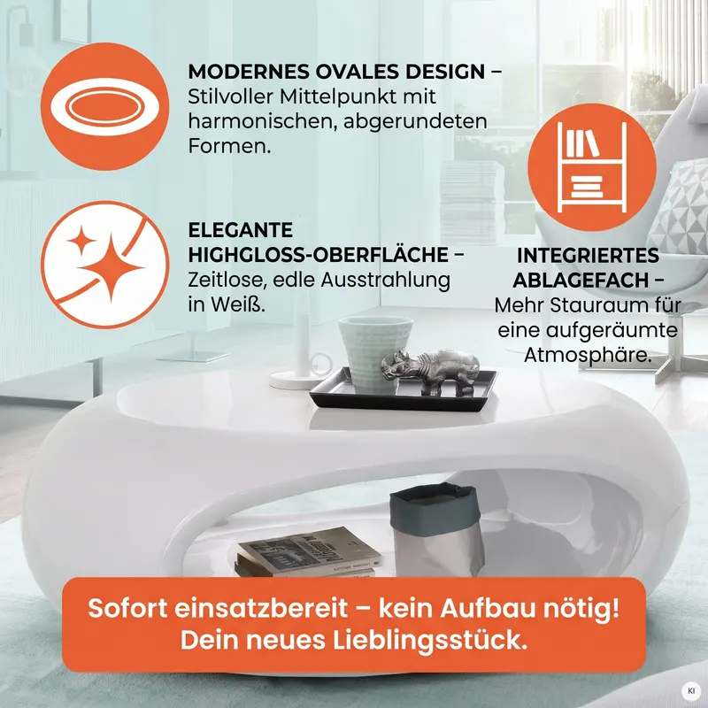 Couchtisch 100 × 70 × 32 cm, weiß, Fiberglas, Ansicht 6
