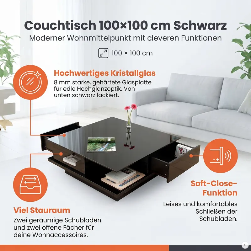 Couchtisch 100 × 100 × 36 cm, schwarz, Ansicht 7