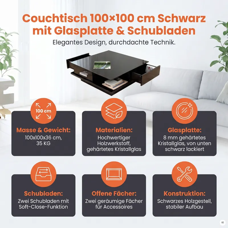 Couchtisch 100 × 100 × 36 cm, schwarz, Ansicht 8
