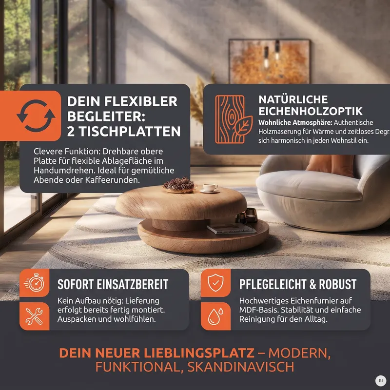 Couchtisch Ø 90 cm drehbar, Eiche natur, Ansicht 6