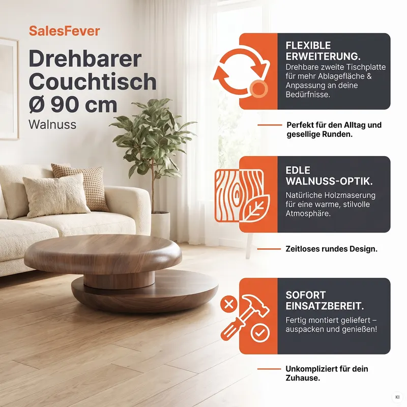 Couchtisch Ø 90 cm drehbar, Walnuss, Ansicht 6