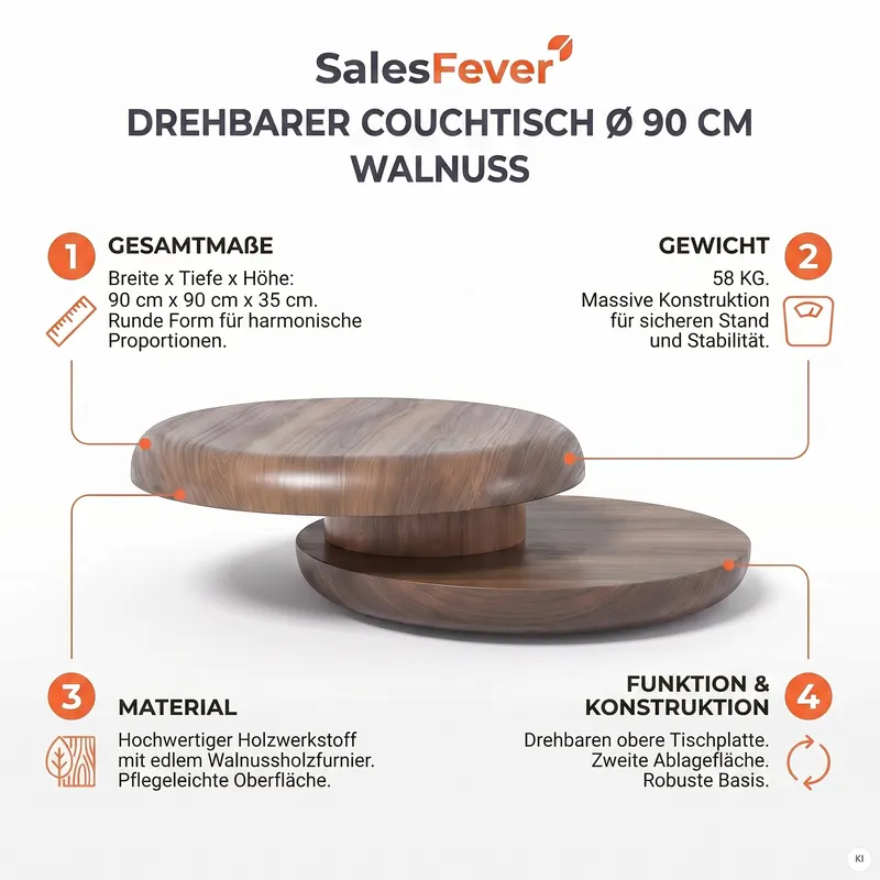 Couchtisch Ø 90 cm drehbar, Walnuss, Ansicht 7