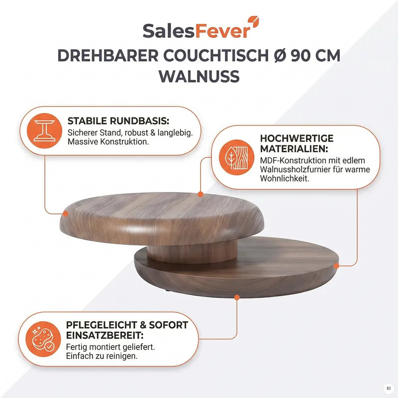 Couchtisch Ø 90 cm drehbar, Walnuss, Ansicht 8