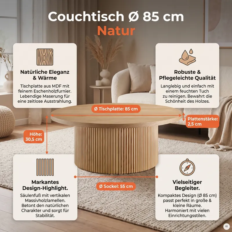 Couchtisch Ø 85 cm Natur, Ansicht 7