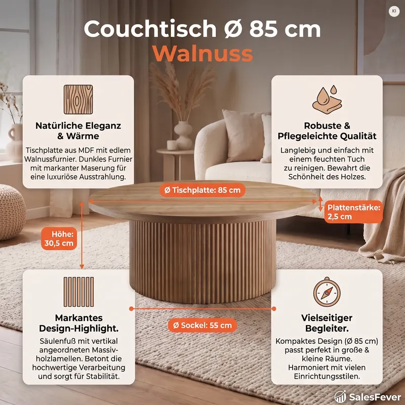 Couchtisch Ø 85 cm Walnuss, Ansicht 6