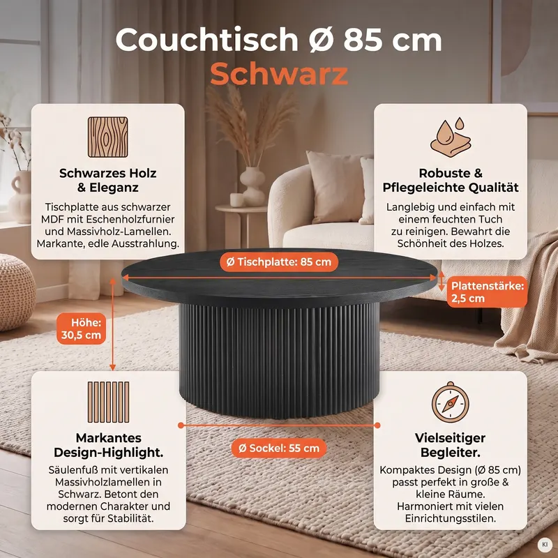 Couchtisch Ø 85 cm Schwarz, Ansicht 7