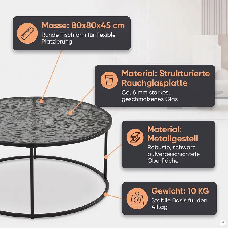 Couchtisch Ø 80 cm, Schwarz mit Rauchglas, Ansicht 10
