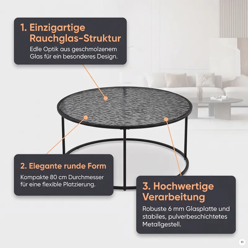 Couchtisch Ø 80 cm, Schwarz mit Rauchglas, Ansicht 9