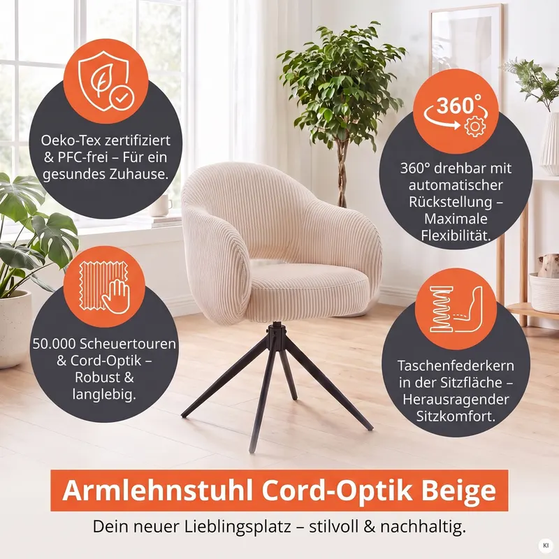 Armlehnstuhl Cord-Optik Beige, Ansicht 11
