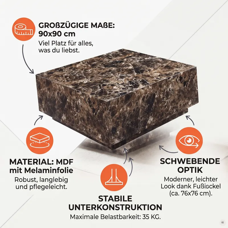 Couchtisch, braun in Marmoroptik, 90 × 90 cm, Ansicht 10