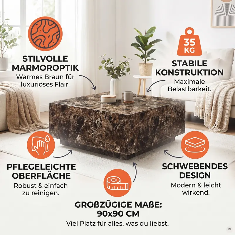Couchtisch, braun in Marmoroptik, 90 × 90 cm, Ansicht 9