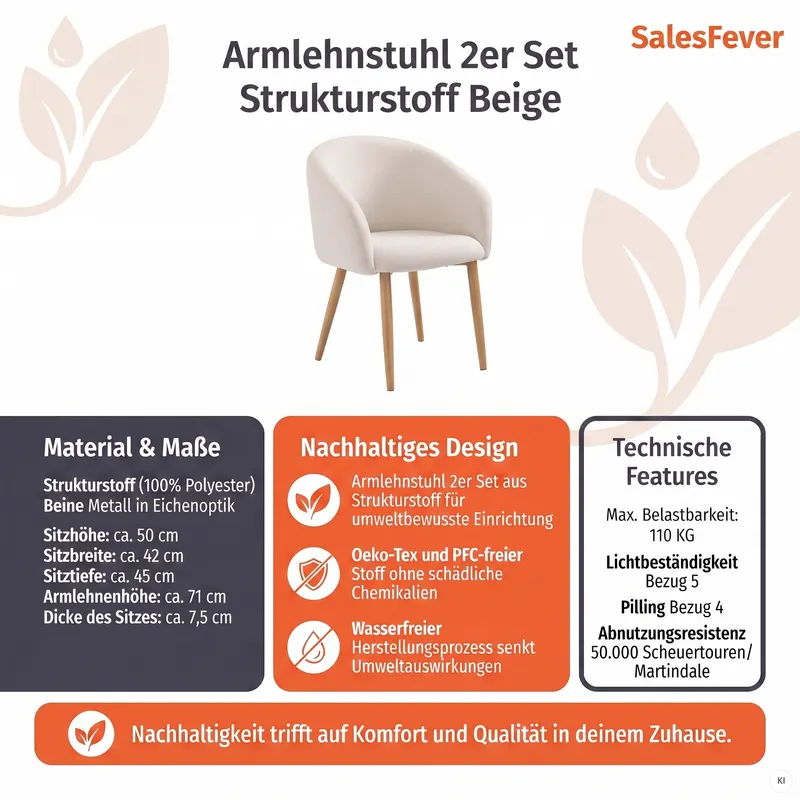 Armlehnstuhl 2er-Set Strukturstoff Beige, Ansicht 9