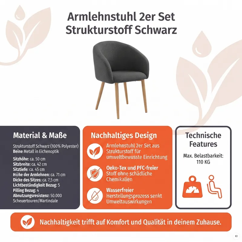 Armlehnstuhl 2er Set Strukturstoff Schwarz, Ansicht 9
