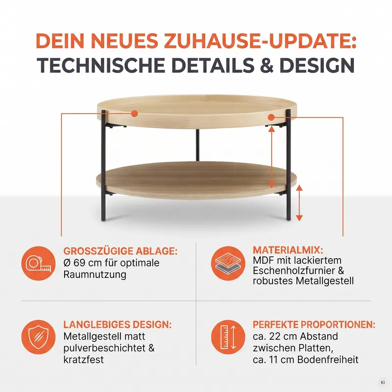 Couchtisch Ø 69 cm Natur/Schwarz, Ansicht 8