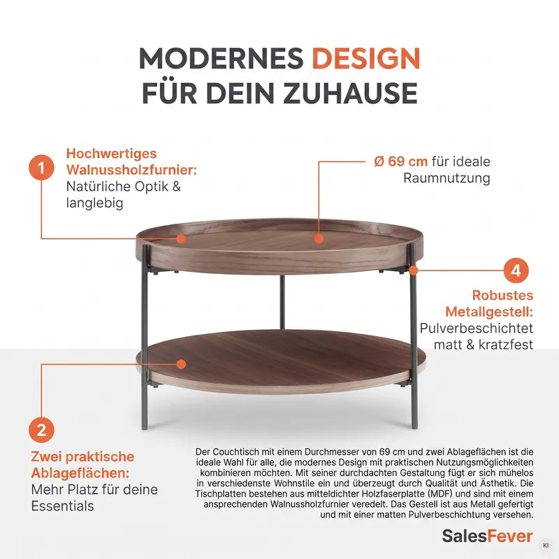 Couchtisch Ø 69 cm Walnuss, Ansicht 7