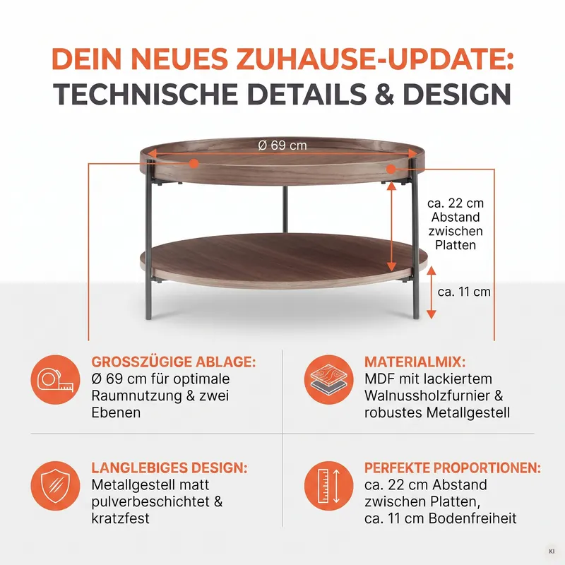 Couchtisch Ø 69 cm Walnuss, Ansicht 8
