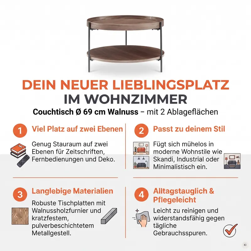 Couchtisch Ø 69 cm Walnuss, Ansicht 9