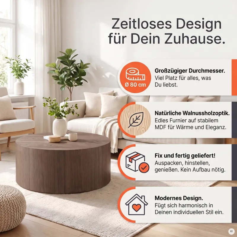 Couchtisch Ø 80 cm Walnuss, Ansicht 5