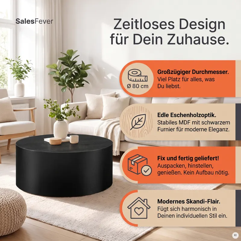 Couchtisch Ø 80 cm Schwarz, Ansicht 5