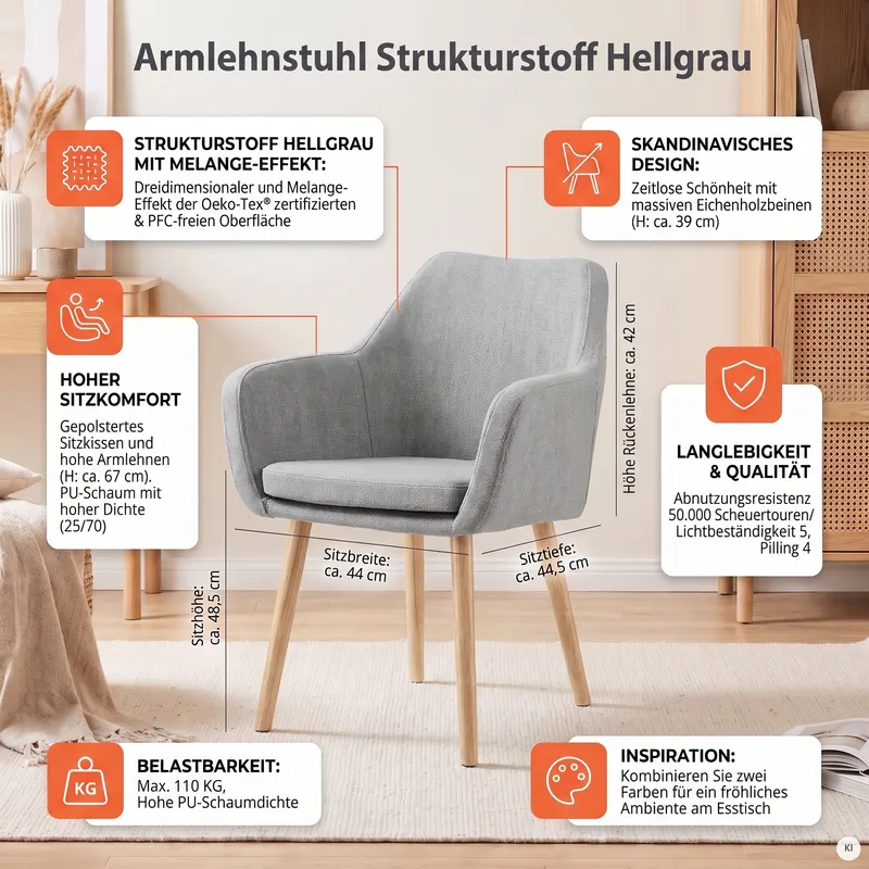 Armlehnstuhl Strukturstoff Hellgrau, Ansicht 10