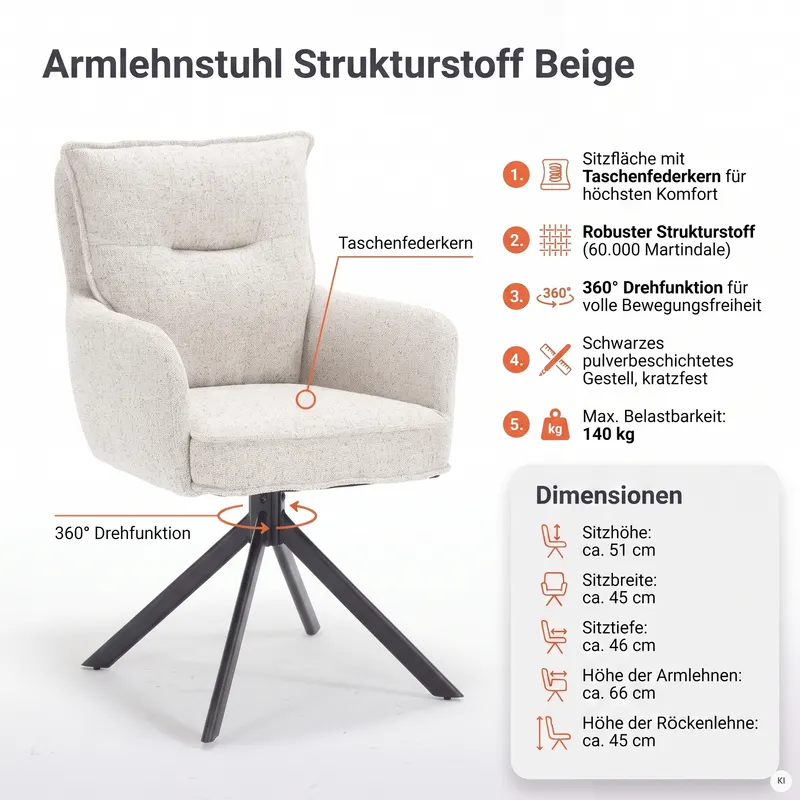 Armlehnstuhl Strukturstoff Beige, Ansicht 13