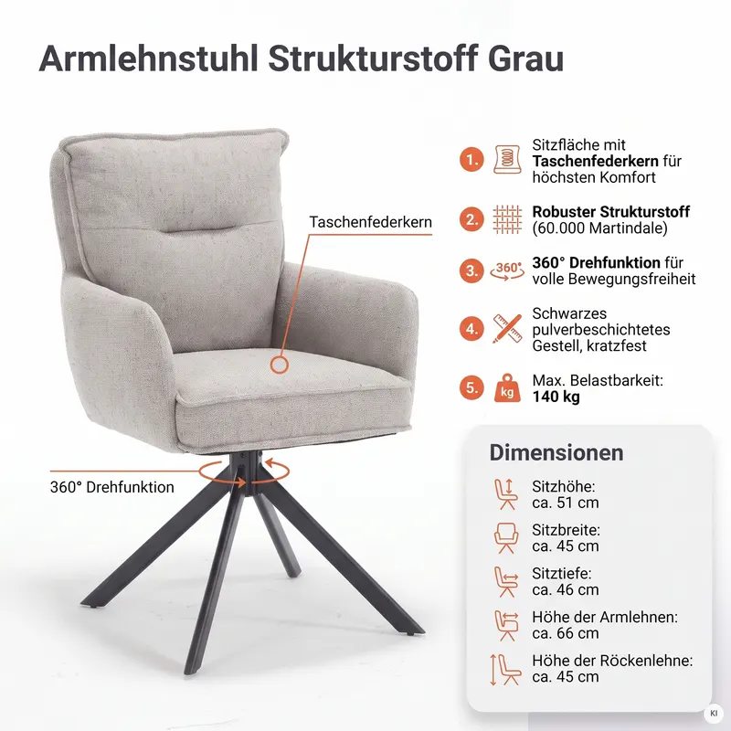 Armlehnstuhl Strukturstoff Grau, Ansicht 17