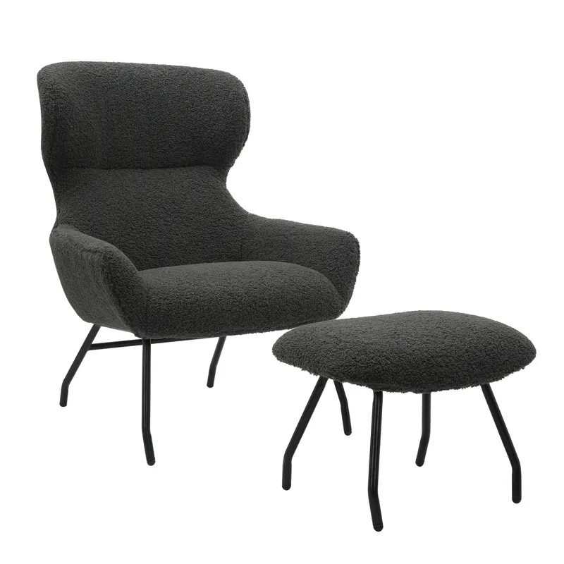Eloise Sessel und Hocker Set Teddyfell, Anthrazit/Schwarz
