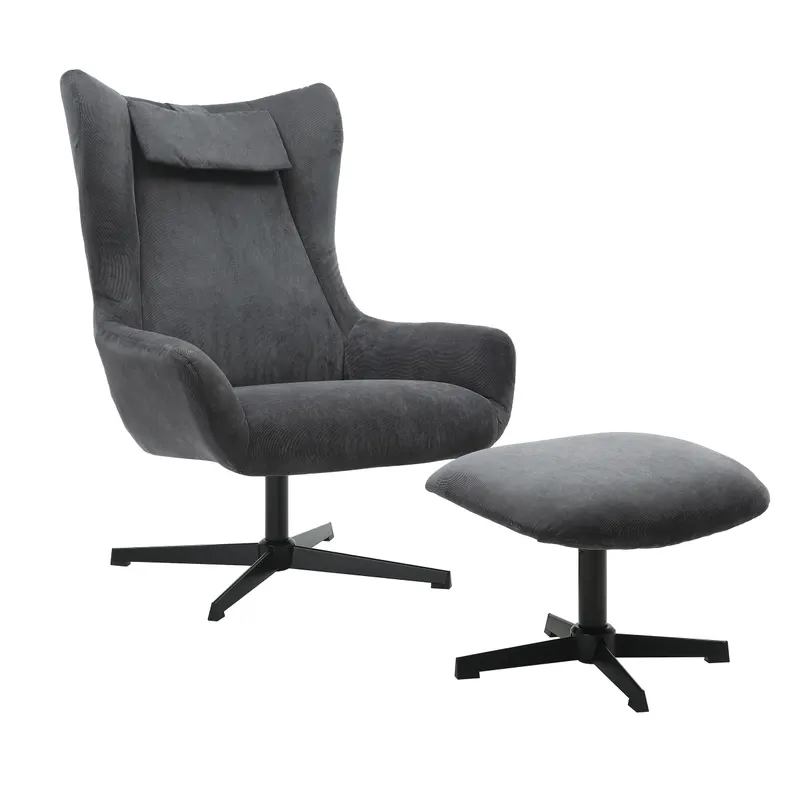Sessel und Hocker in grauer Cordoptik, Ansicht 1