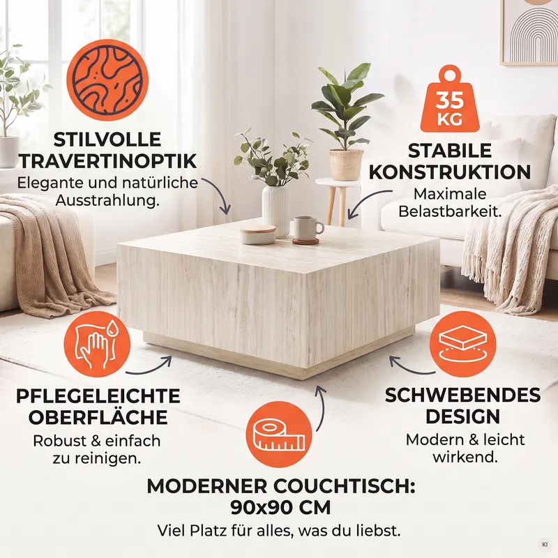 Couchtisch Travertin 90x90 cm, Ansicht 6