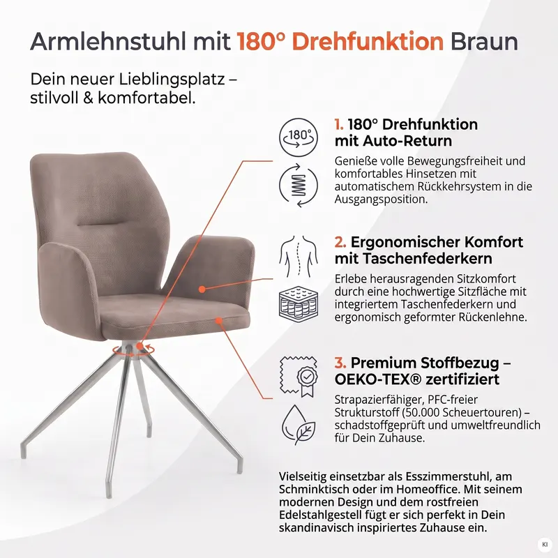 Armlehnstuhl mit 180° Drehfunktion Braun, Ansicht 7