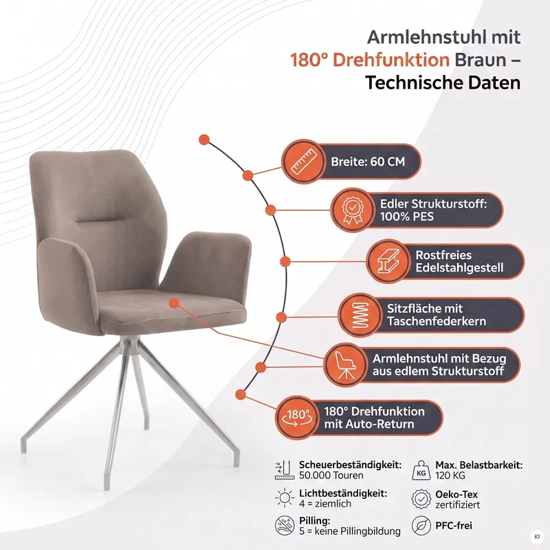 Armlehnstuhl mit 180° Drehfunktion Braun, Ansicht 8