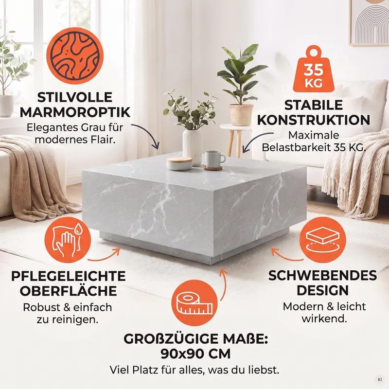 Couchtisch Grau 90 × 90 cm in Marmoroptik, Ansicht 6