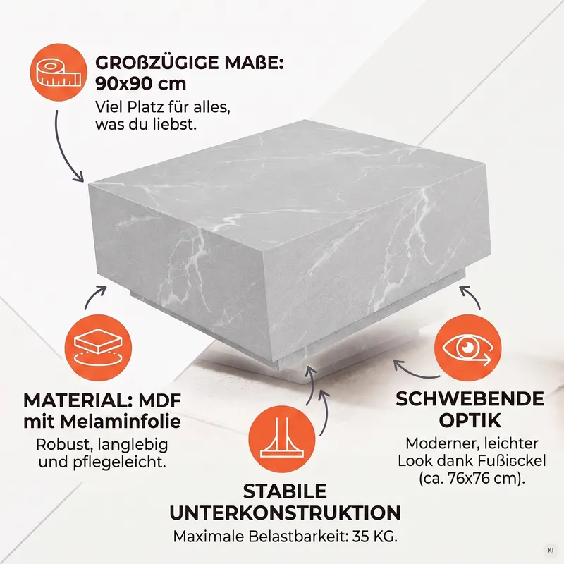 Couchtisch Grau 90 × 90 cm in Marmoroptik, Ansicht 7