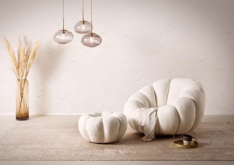Sessel und Hocker Set aus Teddyfell Weiß, Ansicht 2