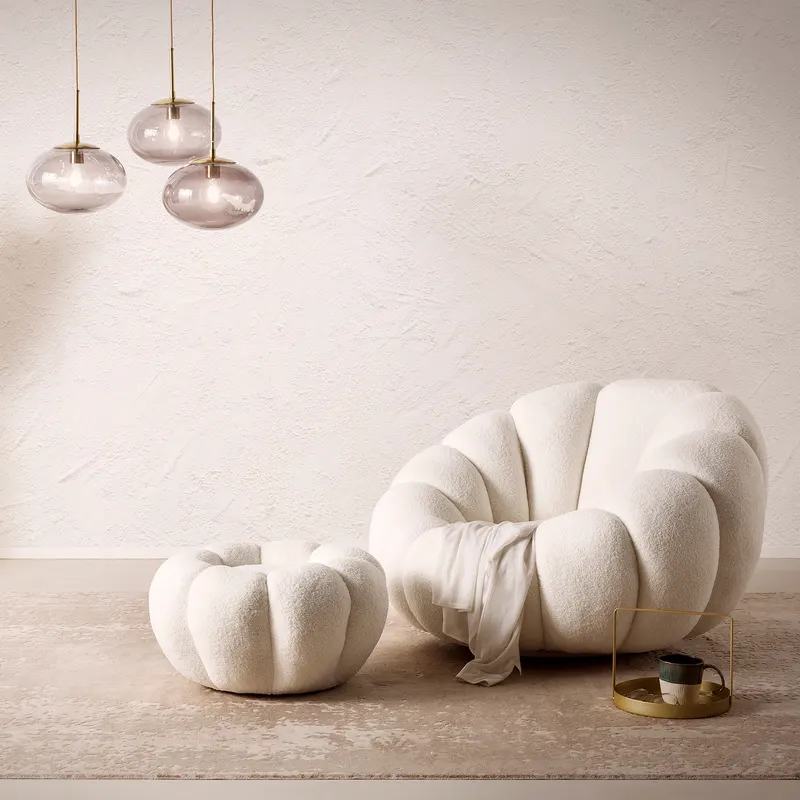 Sessel und Hocker Set aus Teddyfell Weiß, Ansicht 5