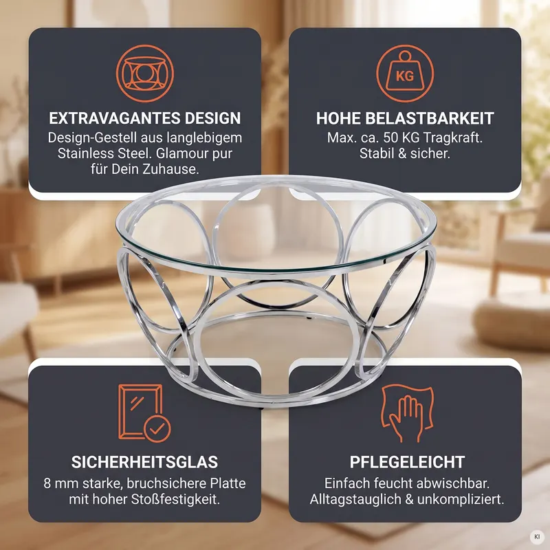 Couchtisch Ø 80 cm Silber/Klarglas, Ansicht 9