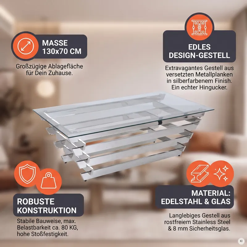 Couchtisch 130 × 70 cm Silber/Klarglas, Ansicht 11