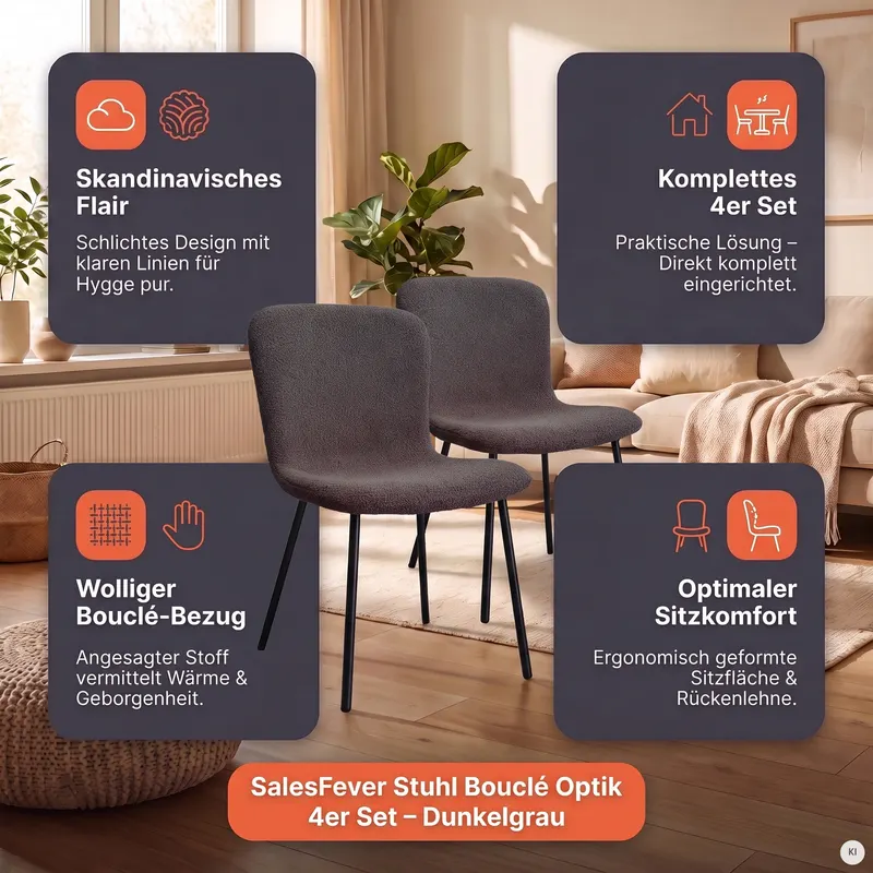 Stuhl Bouclé-Optik, 4er-Set, Dunkelgrau, Ansicht 10