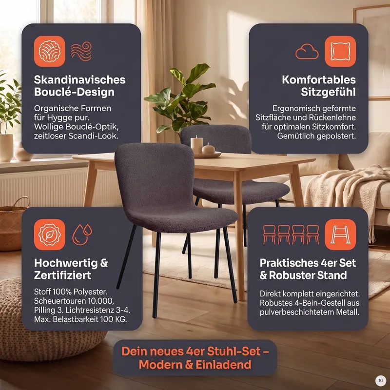 Stuhl Bouclé-Optik, 4er-Set, Dunkelgrau, Ansicht 8