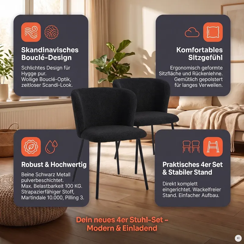 Stuhl Bouclé-Optik, 4er-Set, Schwarz, Ansicht 11