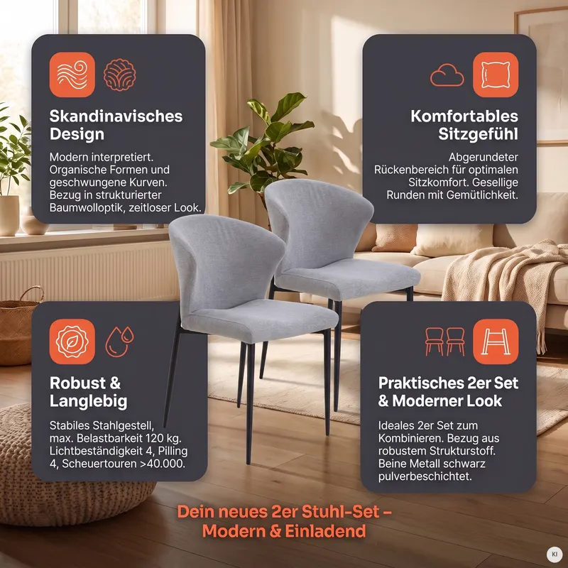 Esszimmerstuhl 2er Set Grau, Ansicht 9