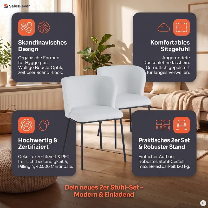 Stuhl 2er Set Bouclé Weiß-Schwarz, Ansicht 18