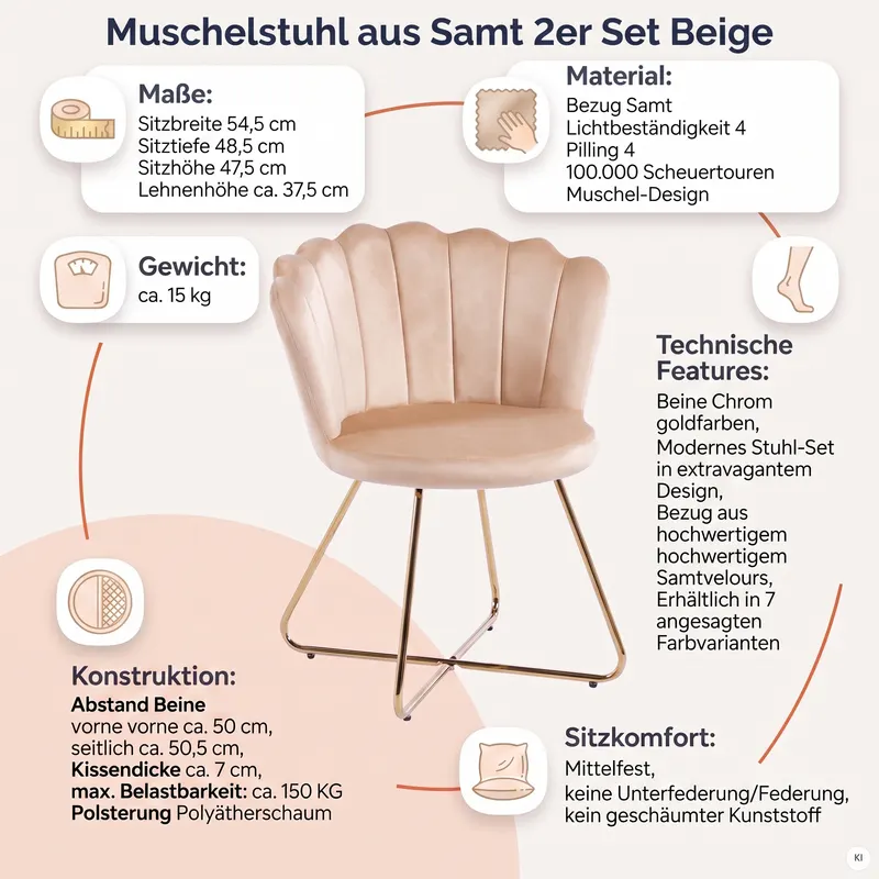 Muschelstuhl aus Samt, 2er-Set, Beige/Gold, Ansicht 10