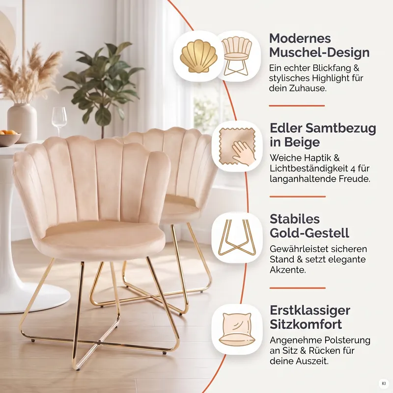 Muschelstuhl aus Samt, 2er-Set, Beige/Gold, Ansicht 9